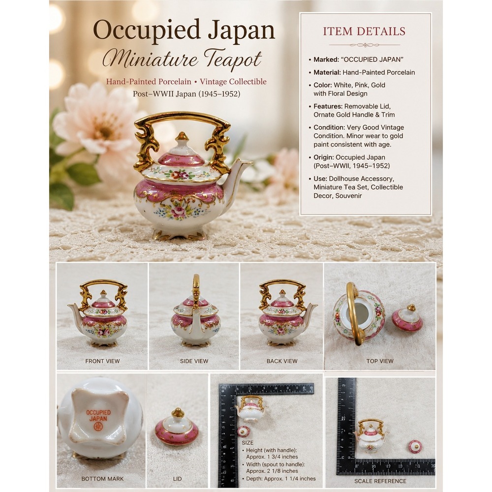 Vintage Occupied Japan Miniature Teapot Pink Floral Gold Trim Porcelain 2.25"